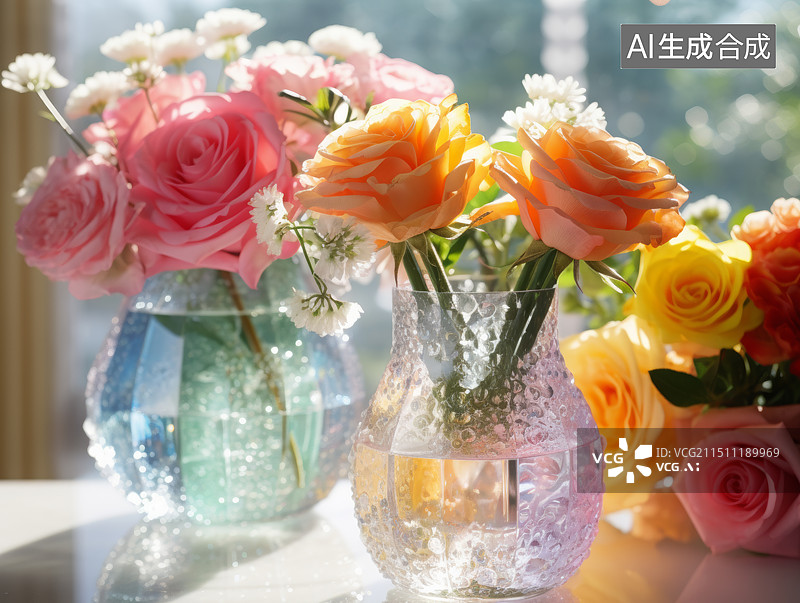 【AI数字艺术】桌上花瓶里的花朵特写镜头图片素材