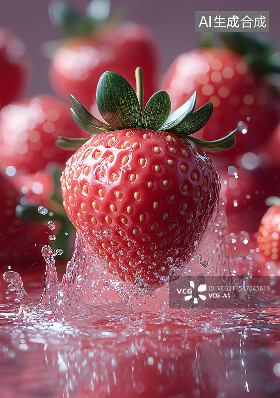 【AI数字艺术】草莓于水中微距拍摄，鲜嫩欲滴，水珠晶莹，特写呈现甜美清新质感，散发强烈诱惑，尽显生鲜魅力。图片素材