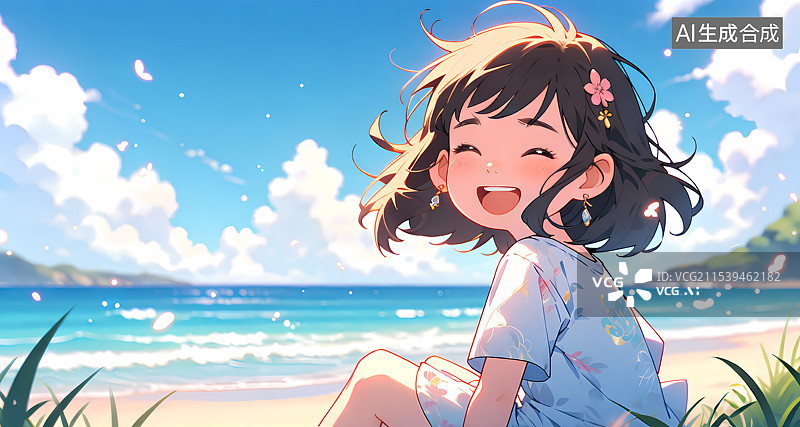 【AI数字艺术】夏天海边女孩插画图片素材