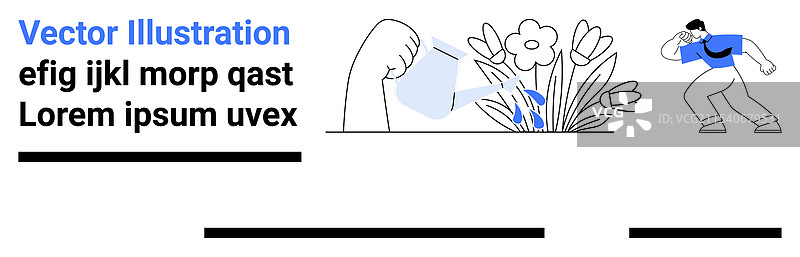 一个穿蓝色衬衫的人在手动浇水花朵图片素材