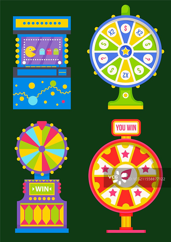 色彩缤纷的幸运轮。绿色背景上的鬼魂老虎机。复古街机，游戏概念。彩票、赌博和赌场。幸运轮盘，机会游戏矢量插图。色彩丰富的游戏机和幸运轮矢量图。图片素材