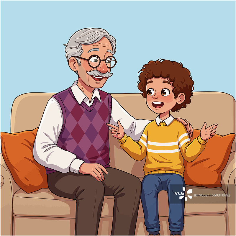 祖父和孙子坐在沙发上交谈图片素材