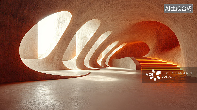 【AI数字艺术】现代建筑中的曲线走廊图片素材