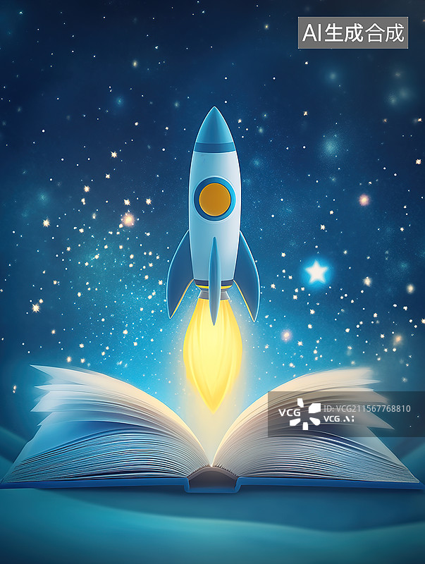 【AI数字艺术】3D卡通风格一只在知识的海洋中徜徉的小火箭图片素材