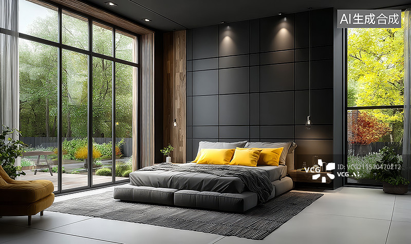 【AI数字艺术】现代简约卧室设计，大窗户外绿意盎然图片素材
