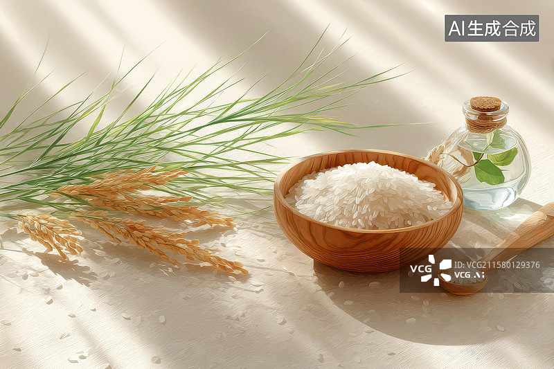 【AI数字艺术】稻穗白米木碗自然静物摄影图图片素材