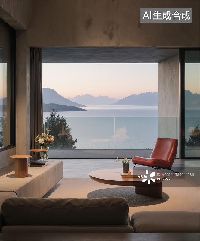 【AI数字艺术】现代客厅与海景视野图片素材