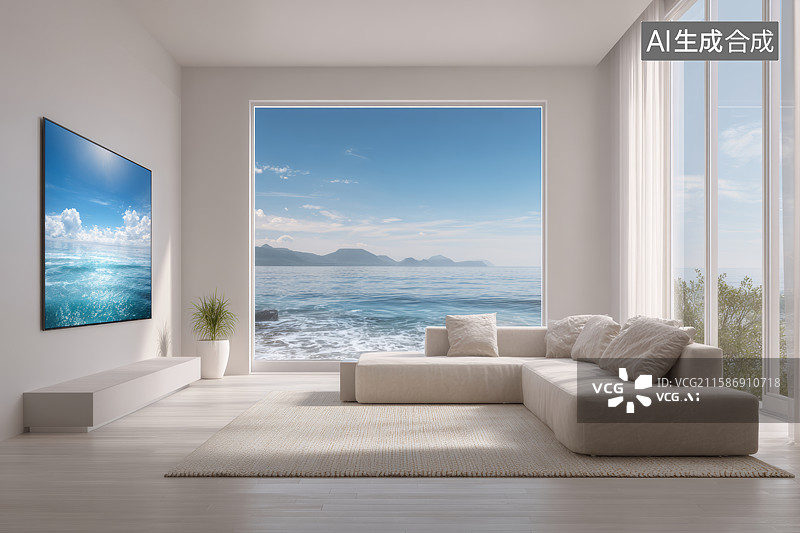 【AI数字艺术】带海景的现代客厅图片素材