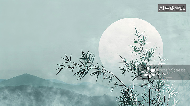 【AI数字艺术】淡青调月色竹林山水意境图图片素材
