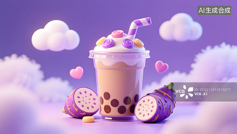 【AI数字艺术】梦幻紫色香芋奶茶少女风形象图片素材