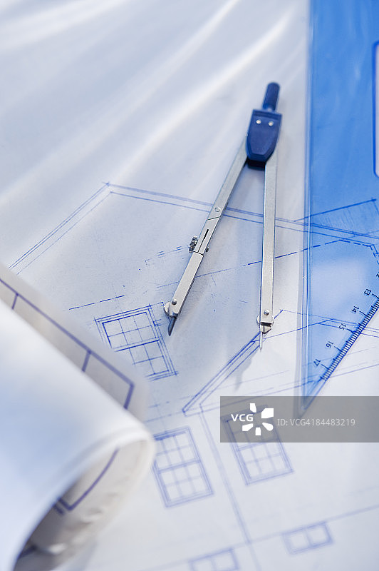 带指南针的房屋蓝图图片素材