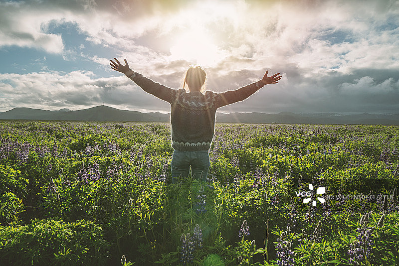 年轻女人在春日夕阳下的花田中伸展双臂，拥抱自由图片素材