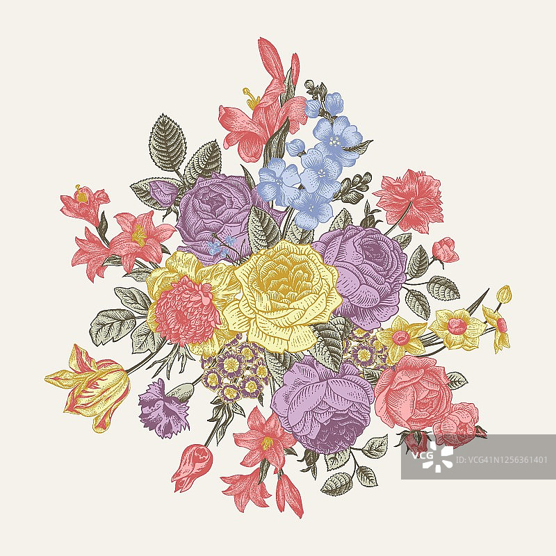 玫瑰、百合和银莲花花束图片素材