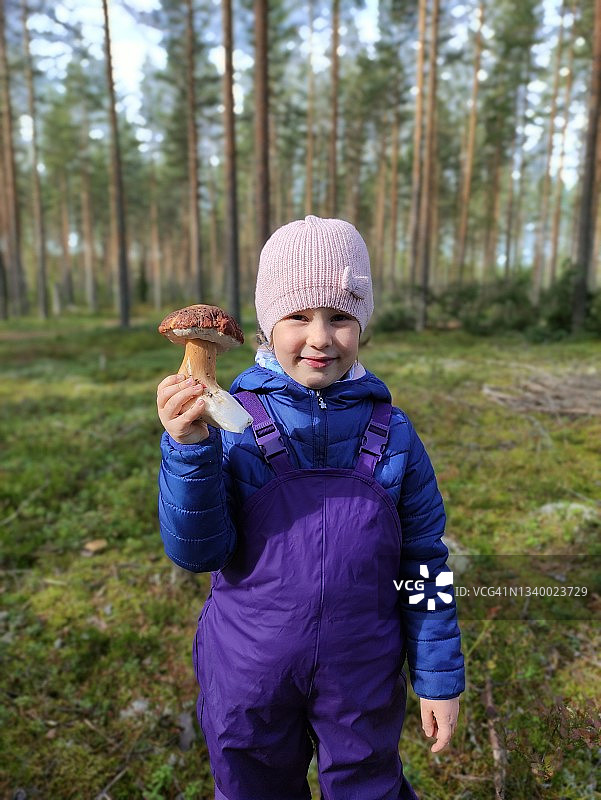 一个女孩手握白色蘑菇看着镜头，在秋天的松树林里采蘑菇图片素材