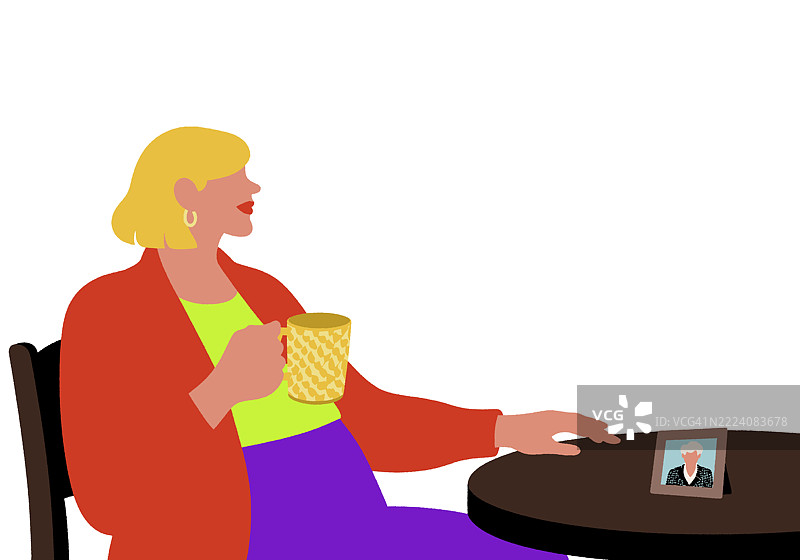 穿着鲜艳衣服的女人手持杯子，坐在桌子旁，桌上有一张框架照片。插图图片素材